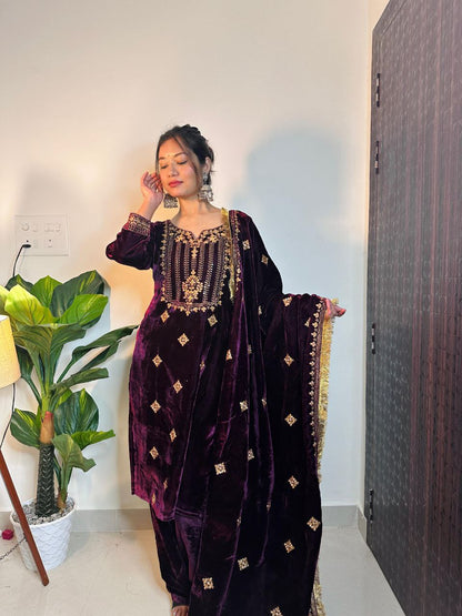 Beautiful Wine Color Heavy Velvet Thread Sequence Work Salwar Suit