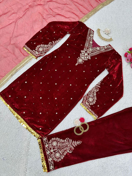 Designer Velvet Salwar Suit With Rivet Moti Work And Sequence Work