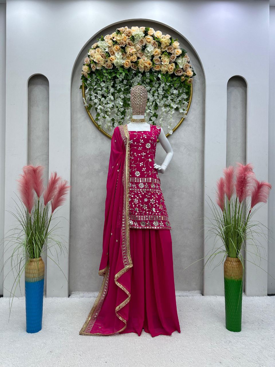 Beautiful Pink Color Georgette Embroidery Palazzo  Salwar Suit
