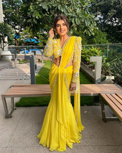 Beautiful Yellow Color Read to Wear Fish Cut Lehenga saree