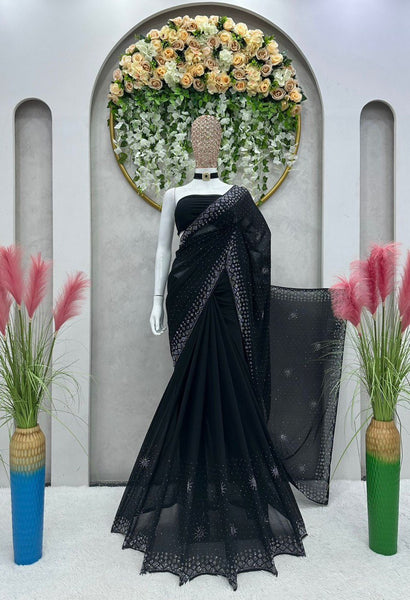 Beautiful Party Wear Black Georgette Sequence Work Saree With Blouse