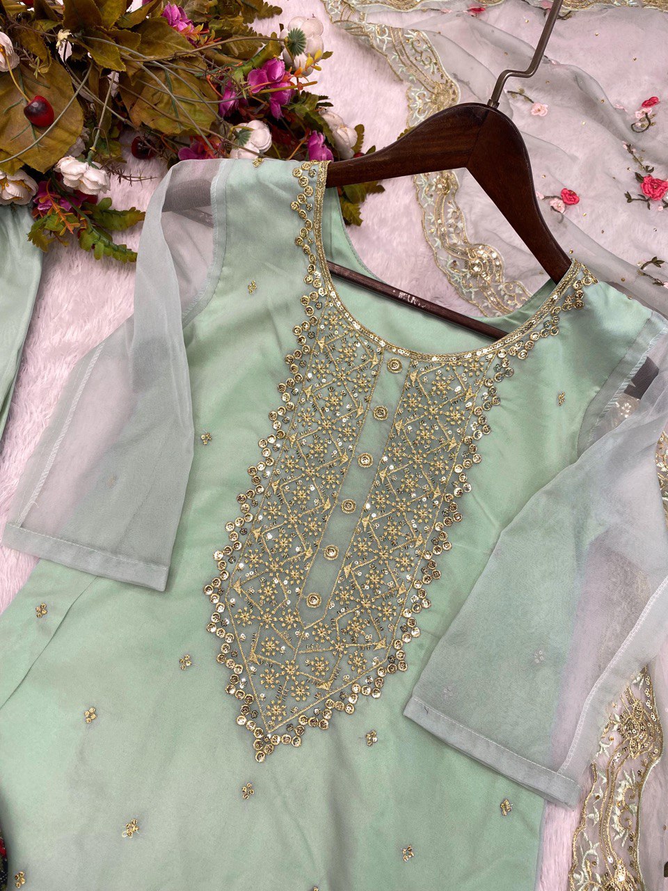Designer Organza Kurta Set With Embroidery Sequence Work