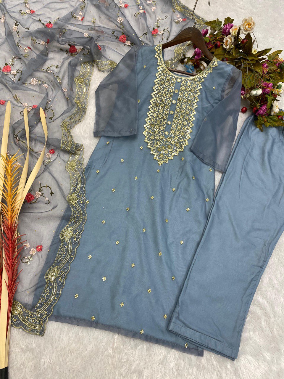 Designer Organza Kurta Set With Embroidery Sequence Work
