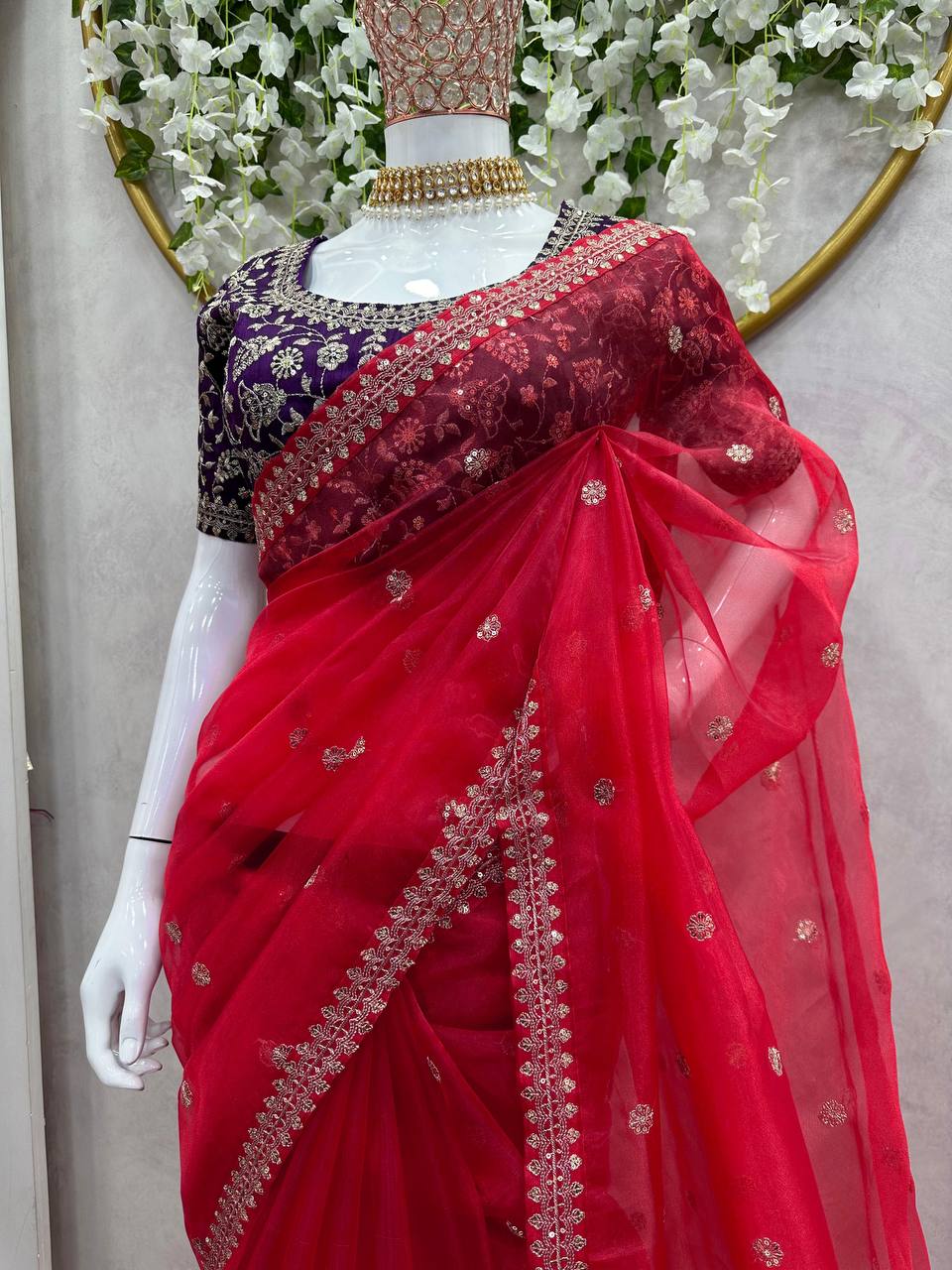 Red Color Organza Silk Sequence Work Wedding Wear Saree Blouse