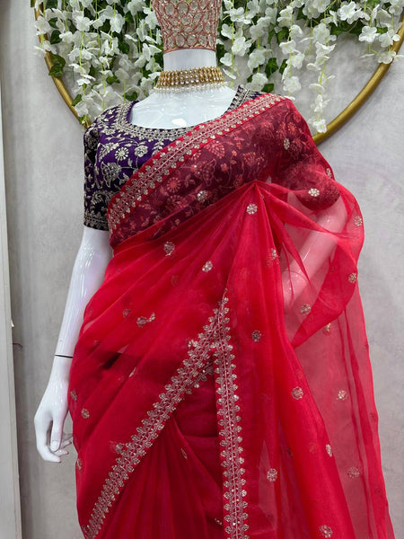 Red Color Organza Silk Sequence Work Wedding Wear Saree Blouse