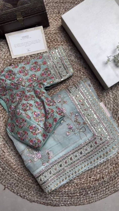 Party Wear Sea Green Color Organza Silk Sequence Thread Printed Work Saree Blouse