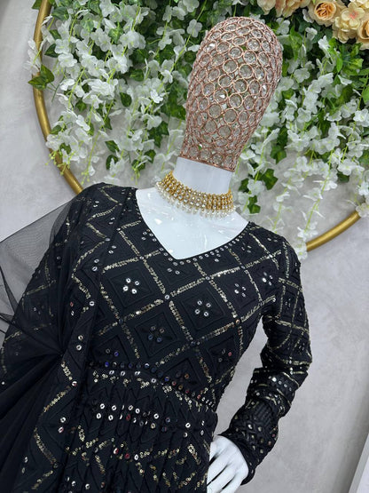 Latest Faux Georgette Anarkali Lucknowi Embroidery Wotk Ready Made Gown Dupatta
