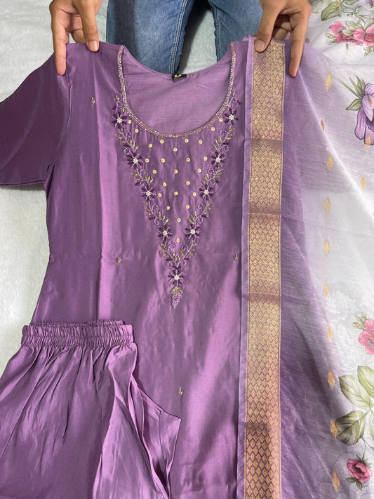 Magenta Color Party Wear Roman Silk Hand Work Ready Made Salwar Suit