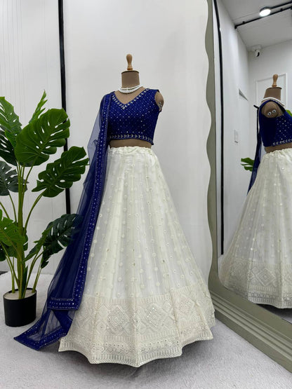 Designer Blue Color Georgette Sequence Work Wedding Wear Lehenga Choli