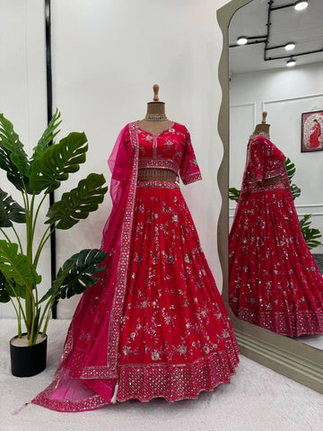 Red Color Georgette Sequence Thread Work Lehenga Choli