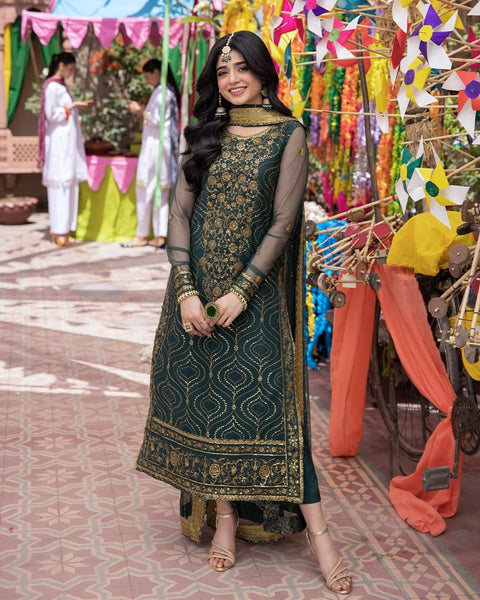 Green Color Party Wear Georgette Sequence Work Ready Made Salwar Suit