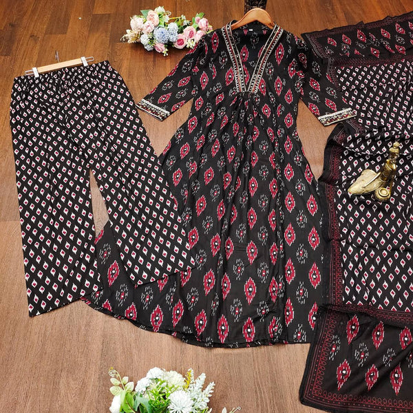 Awesome Black Color Cotton Printed Embroidery Work Salwar Suit