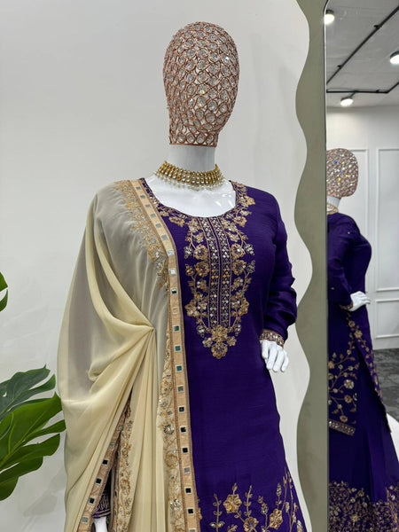 Violet Color Thread Sequence Work Chinon Silk Salwar Suit