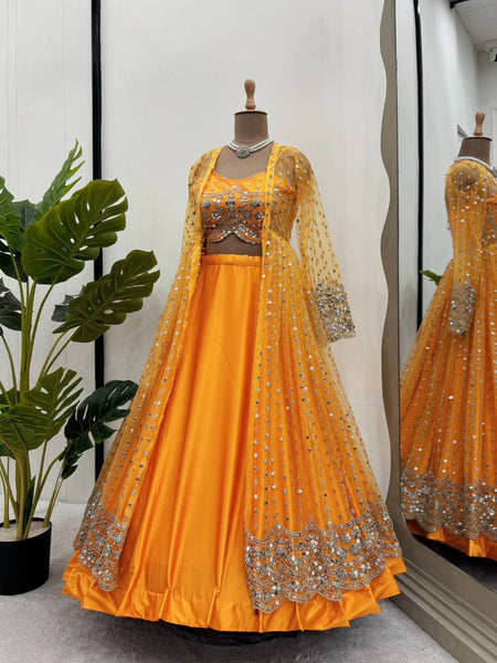 Yellow Color Japan Satin Sequence Thread Work Koti Lehenga Choli