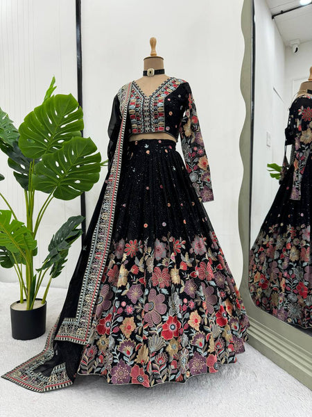 Designer Black Georgette With With Embroidered Work Lehenga