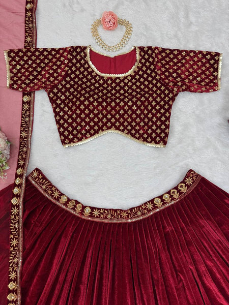 Latest Maroon Wedding Velvet Lehenga For Women