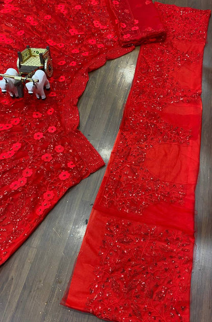 Red Net Latest Lehenga Embroidery Work