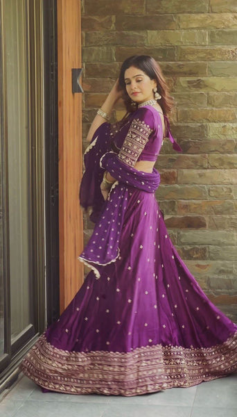 Wine Color Satin Silk Sequence Work Lehenga Choli