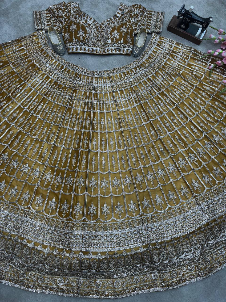 Mustard color Embroidery With Sequence Work Net Lehenga Choli