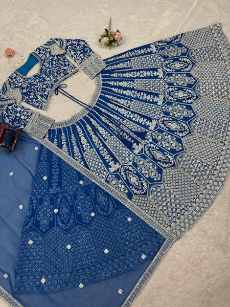 Blue Georgette Embroidery Lehenga