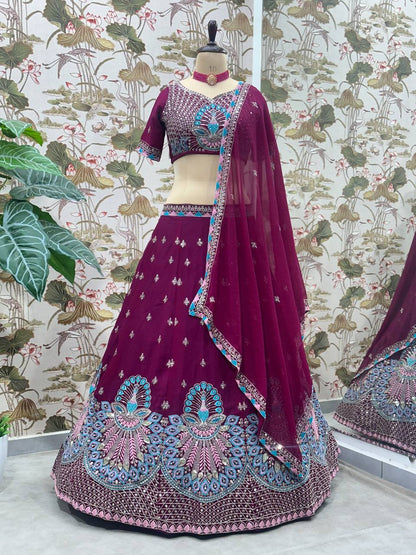 Wedding Wear Wine Georgette Sequence Lehenga Choli