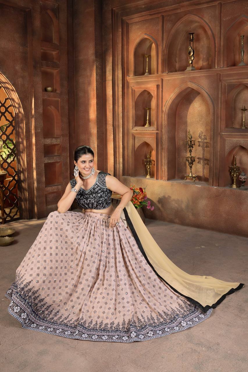 Cream Color Georgette Sequence 4 Meter Flair Lehenga Choli
