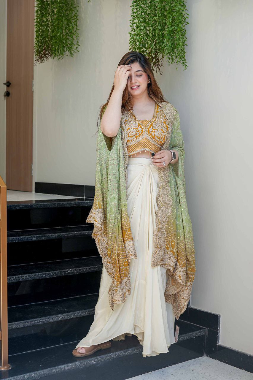 Ready to Wear Chinon Silk Multi Thread Work Indo Western Drape Saree
