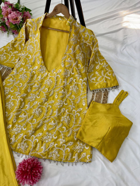 Yellow Color Chinon Silk Muiti Thread Indo Western