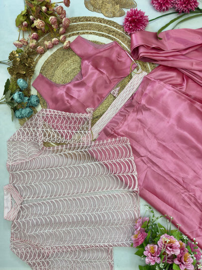 Pink Color Satin Silk Embroidered Ready to Wear Saree With Kotti