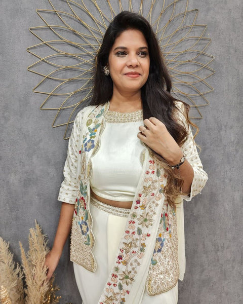 White Color Ready to wear Chinon Silk Jacket Saree