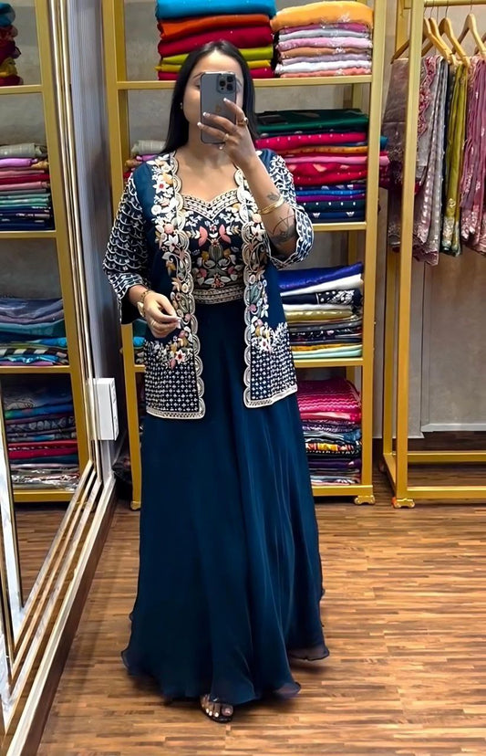 Blue Color Chinon Silk Jacket Saree
