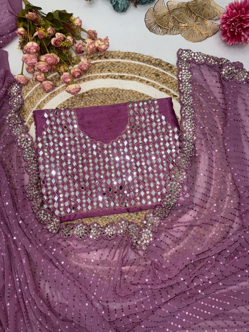 Latest Georgette Real Mirror Sequence Work Saree Blouse