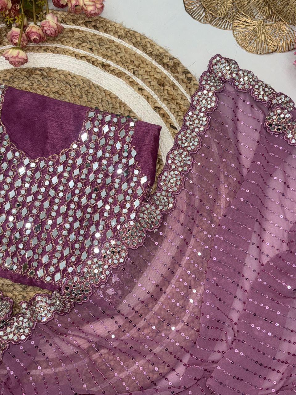 Latest Georgette Real Mirror Sequence Work Saree Blouse