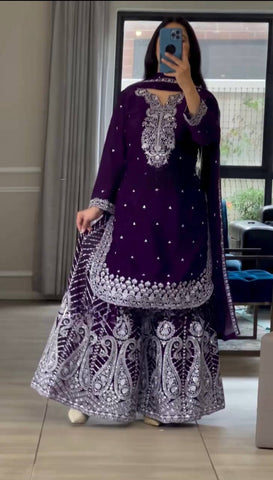 Purple Color Embroidered Chnon Silk Sharara Suit