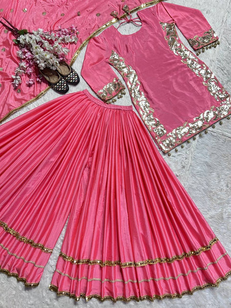 Peach Color Chinon Silk Sequence Work Sharara Suit