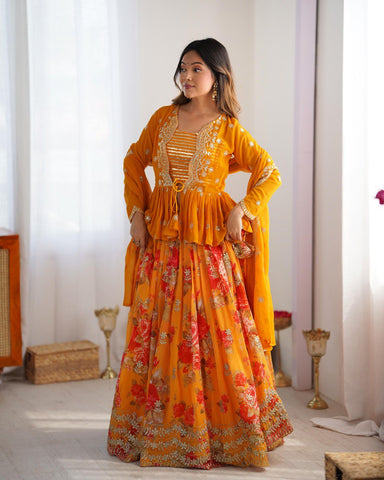 Orange Color Georgette Sequence Koti Lehenga Choli
