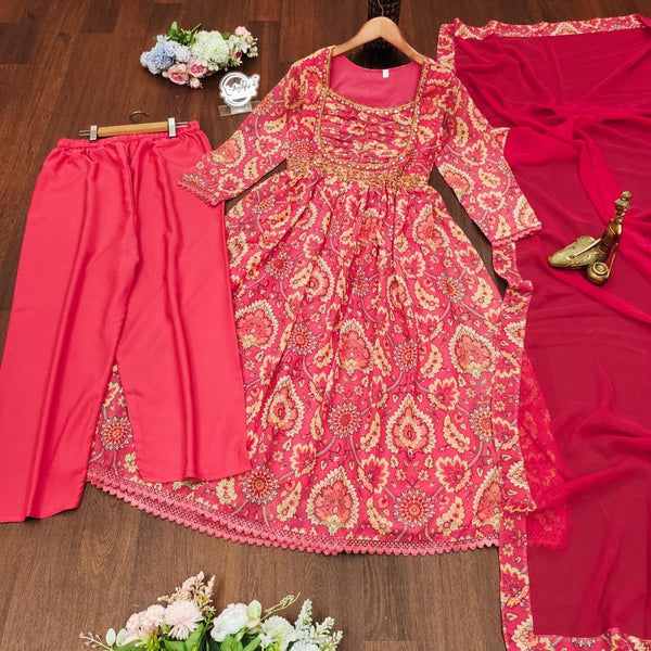 Pink Color Georgette Embroidery Top Pent Dupatta