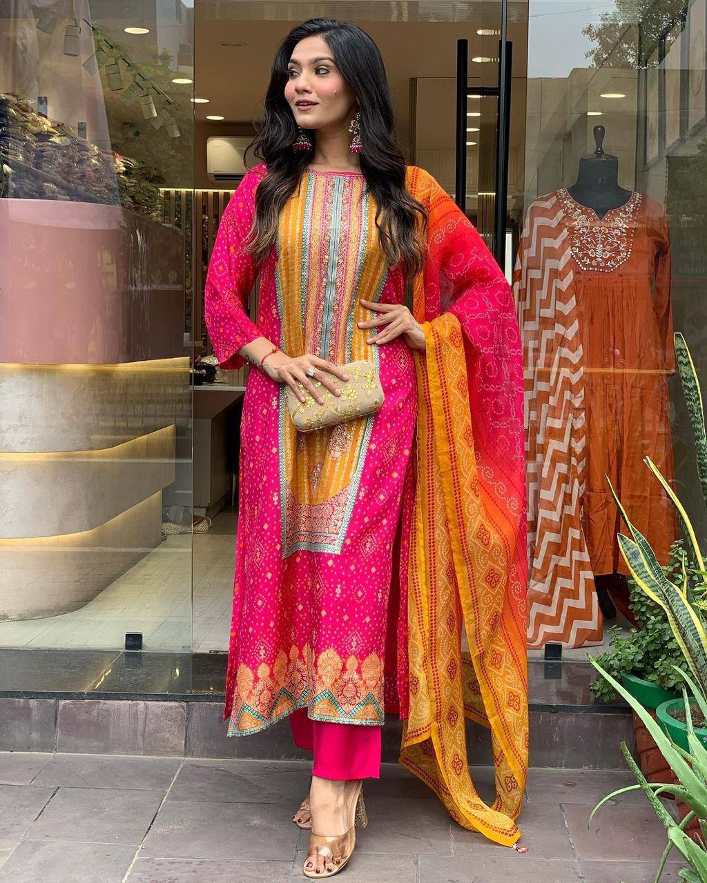 Pink Color Satin Stone Work Bandhani Printed Salwar Suit