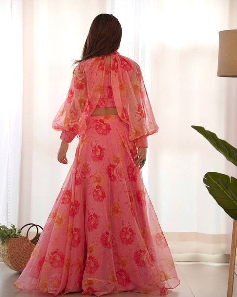 Pink Color Full Stitched Printed Organza Lehenga Choli