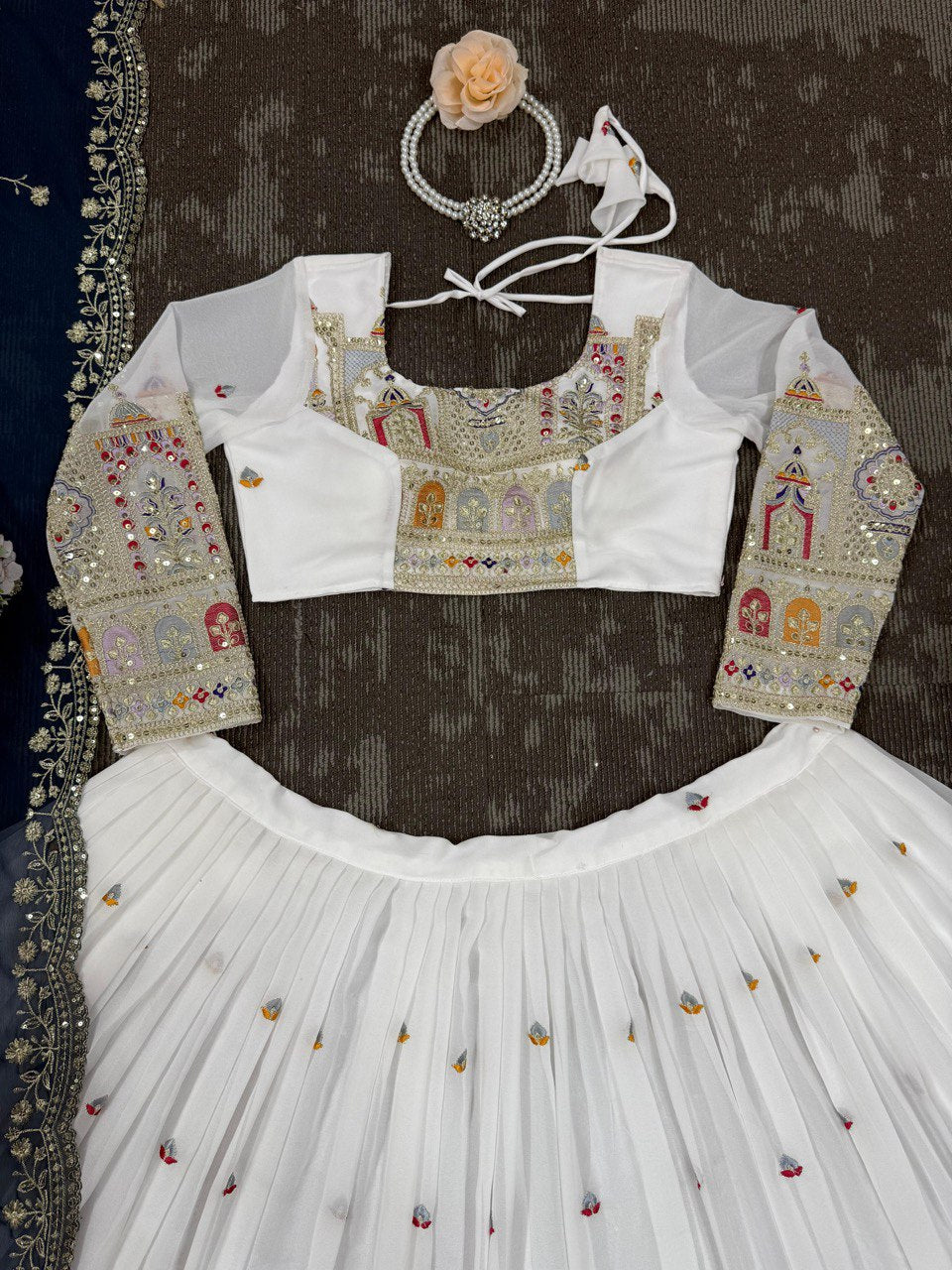 White Color Faux Georgette With Sequnce Work Lehenga Choli