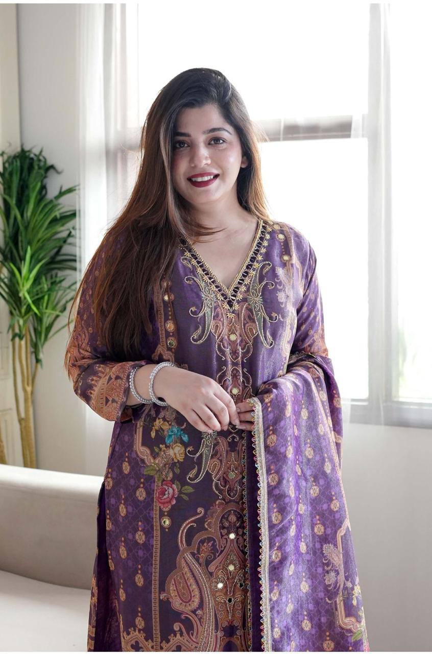 Purple Color Satin Printed Mirror Salwar Suit