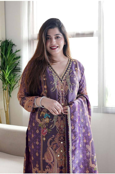 Purple Color Satin Printed Mirror Salwar Suit