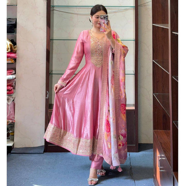 Pastel Pink Color Roman Silk Embroidery Salwar Suit