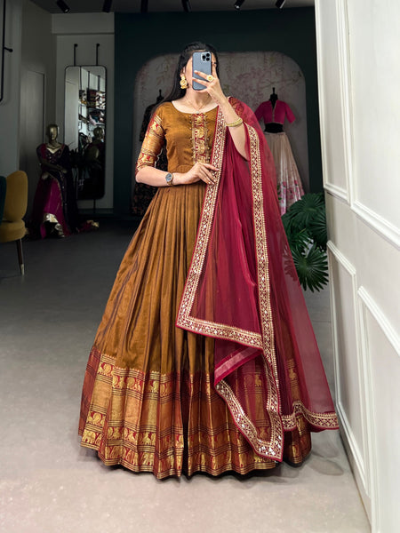 Brown Color Cotton Zari Weaving Gown Dupatta
