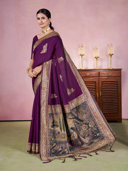 Wine Color Jacquard Zari Weaving Saree Blouse