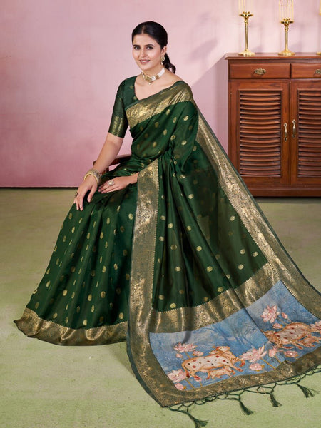 Green Color Jacquard Digital Zari Weaving Saree Blouse