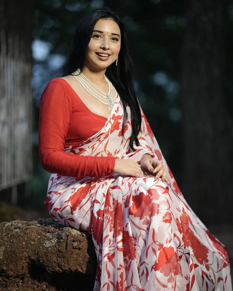 Latest White Color Digital Printed Georgette Saree Blouse