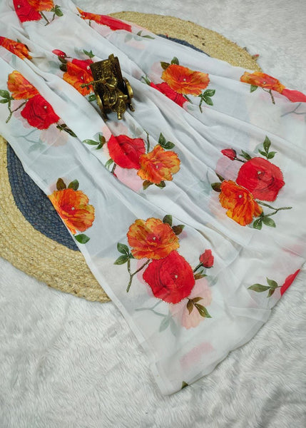 Latest White Color Georgette Hand Work Printed Saree Blouse