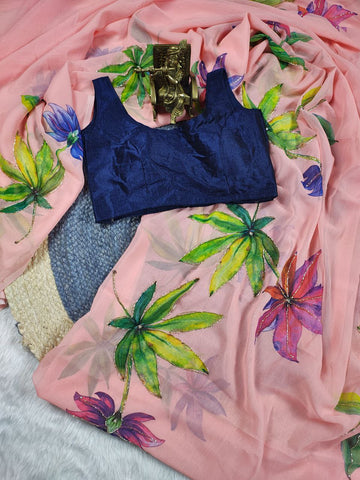 Peach Color Khatli Work Printed Georgette Saree Blouse