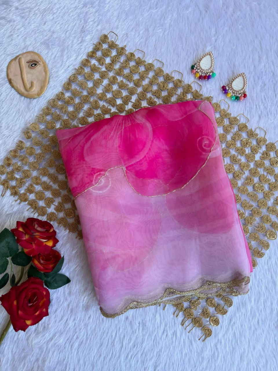 Pink Color Organza Silk Moti Hand Work Saree Blouse